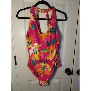 NWT Kona Sol Fuchsia Pink Floral One Piece Swimsuit 16W Beach Tropical